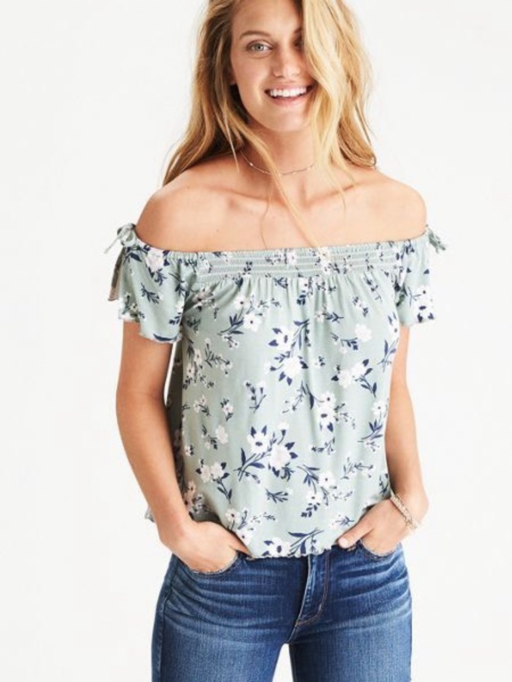 American Eagle Outfitters Light Sage Green Floral Off-Shoulder Top